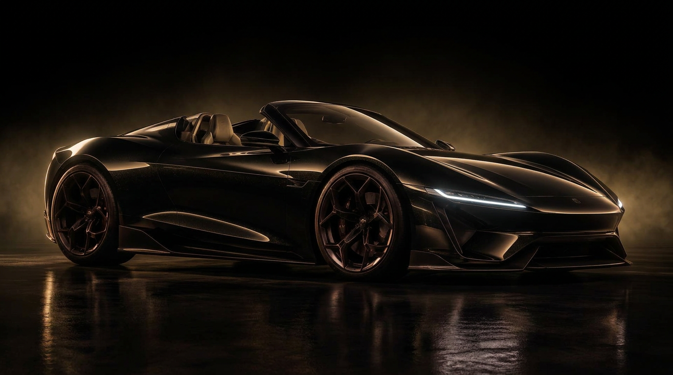 Roadster electric supercar under cinematic lighting